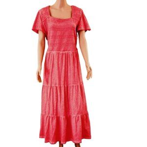 Distressed Smocked Tiered Midi Dress 26 Women's Pink Flutter Sleeves Lane Bryant